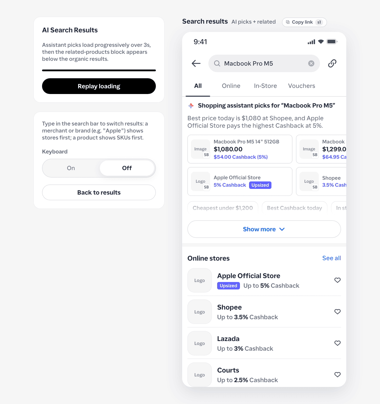 An AI search results prototype in code. The panel replays the loading and switches the search between a store and a product.