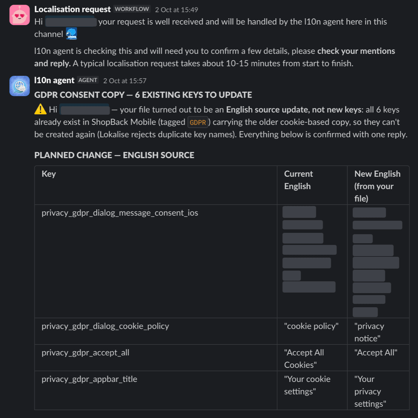 The l10n agent finds that a file updates existing keys and plans the whole change for one reply.