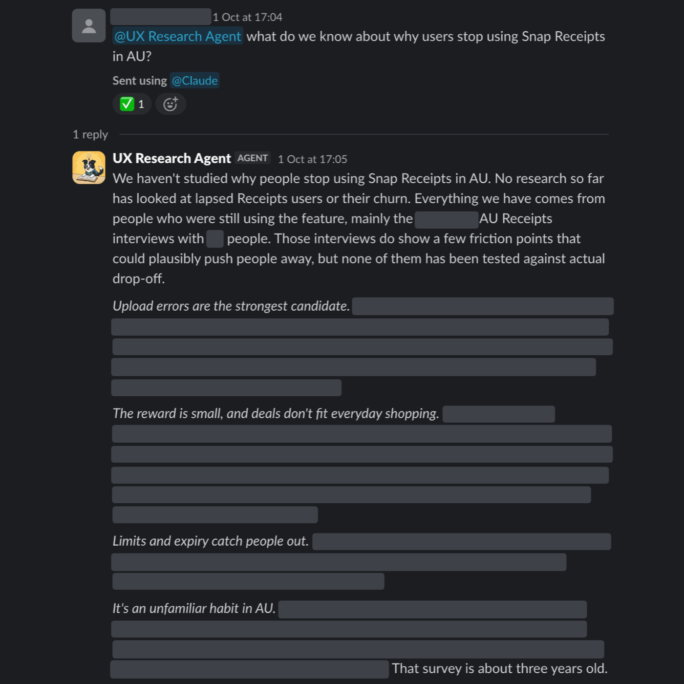 The UX Research Agent answers from past studies and says plainly what no study has covered.