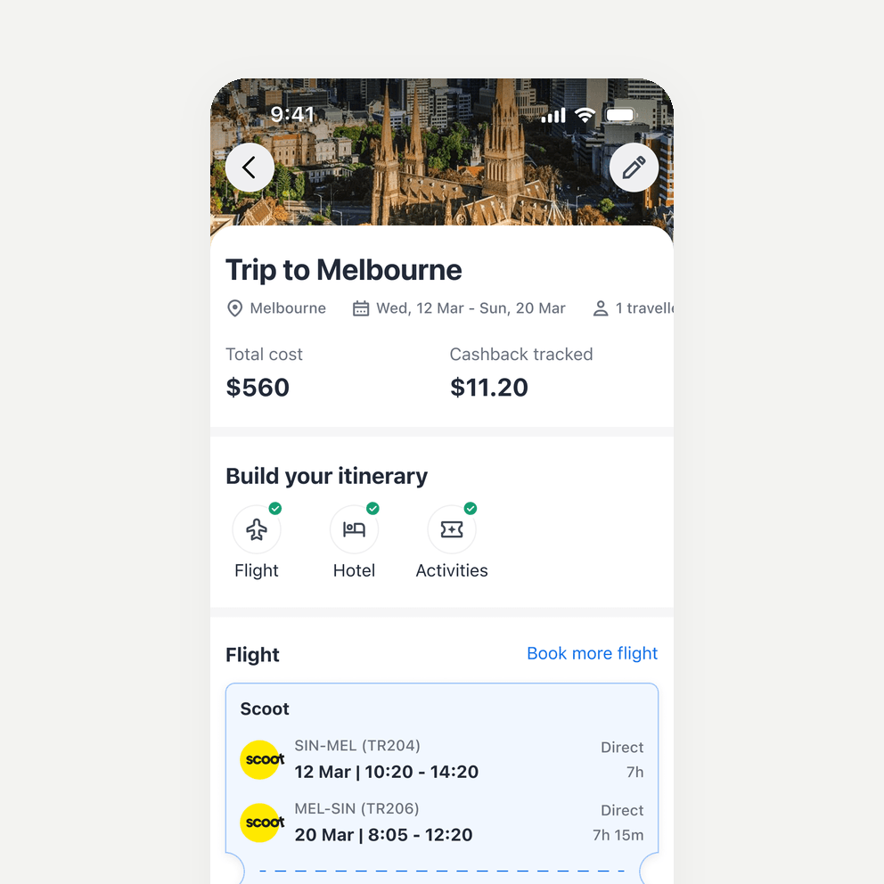 The trip page then gathered the flight, stay and activities with their cashback.