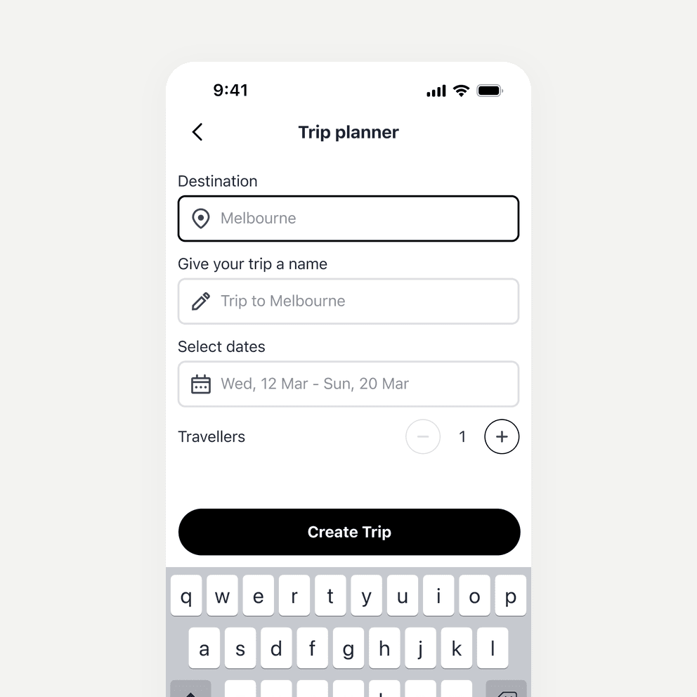 Users set up a trip with a destination, dates and travellers.