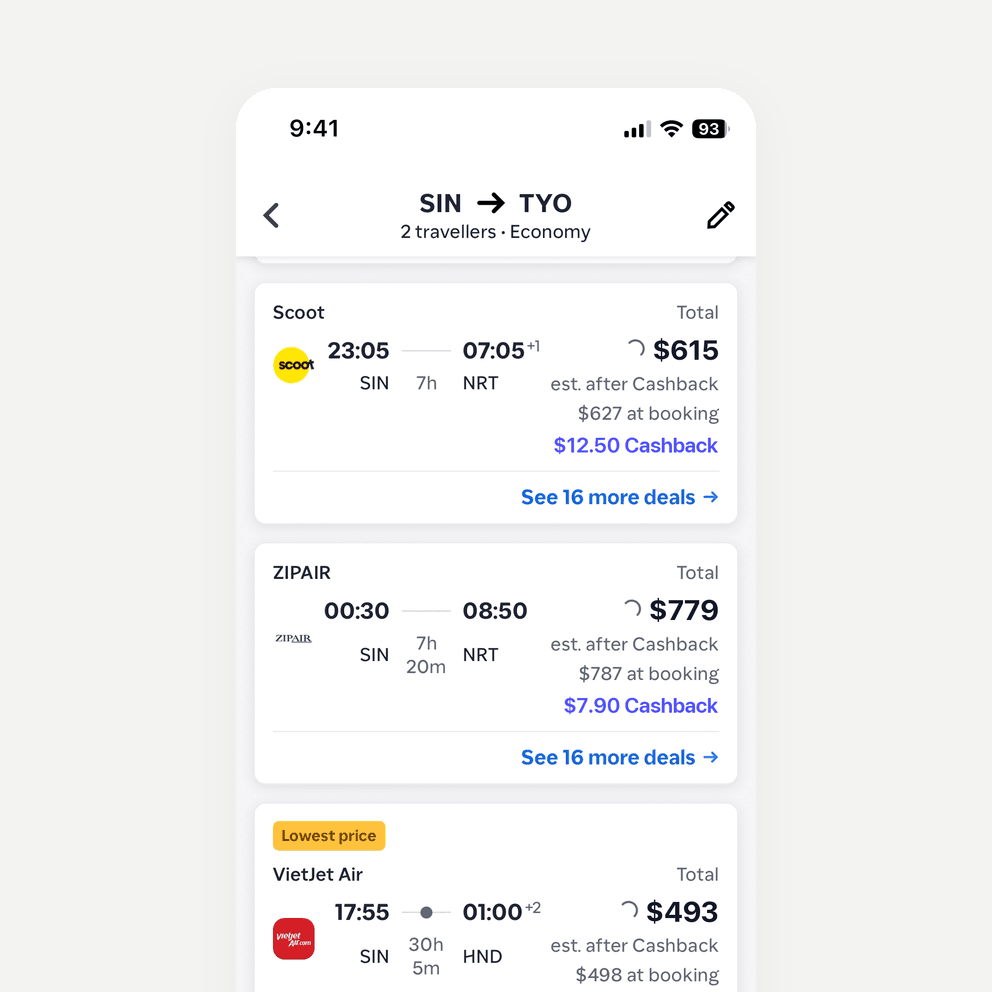 Flight results show each fare after cashback.