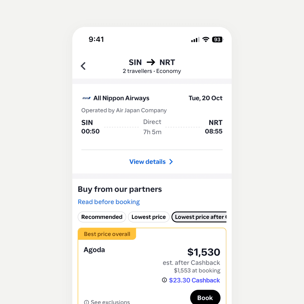 Every partner offer for the chosen flight carries its cashback.