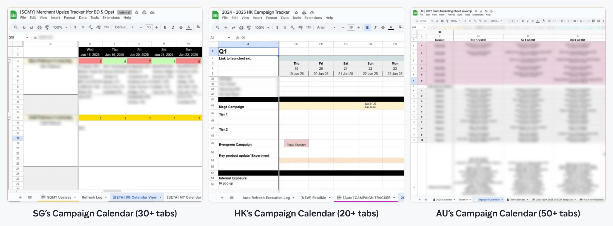 Three markets' campaign sheets, each laid out differently.