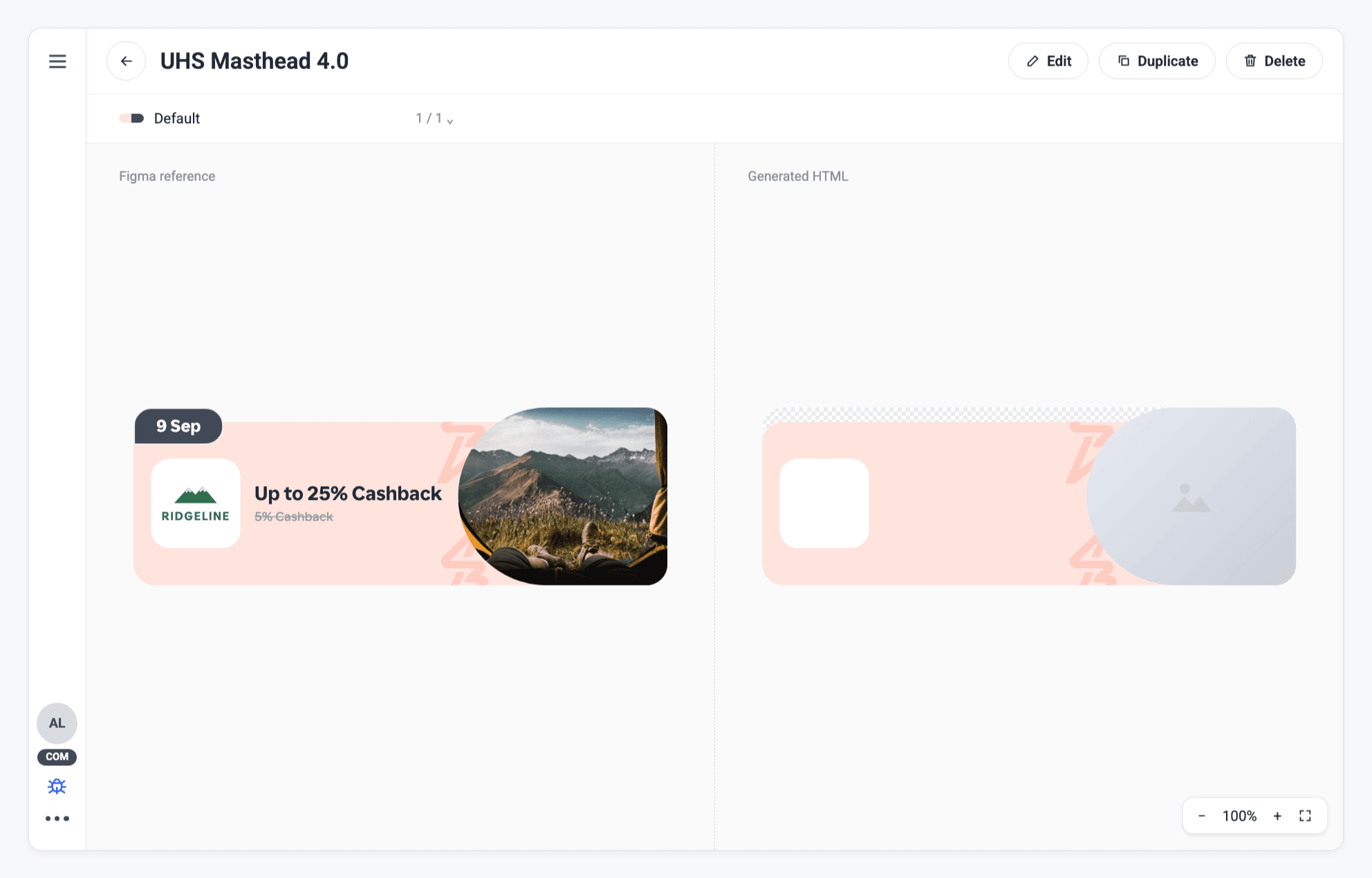 A banner template from Figma beside the HTML generated from it.