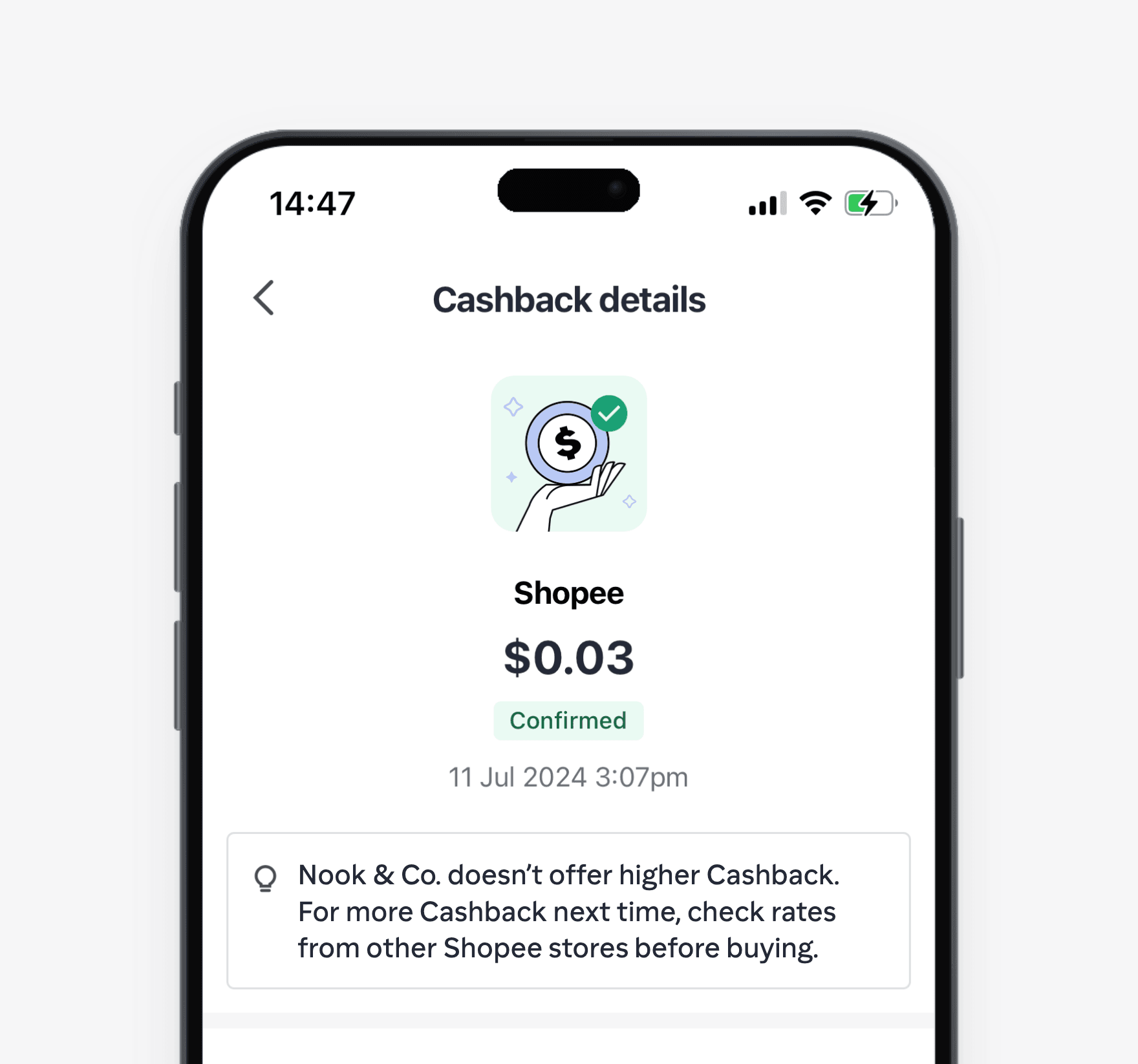 After an indirect order: the store offers no higher cashback, so the message tells the user to check other stores next time.