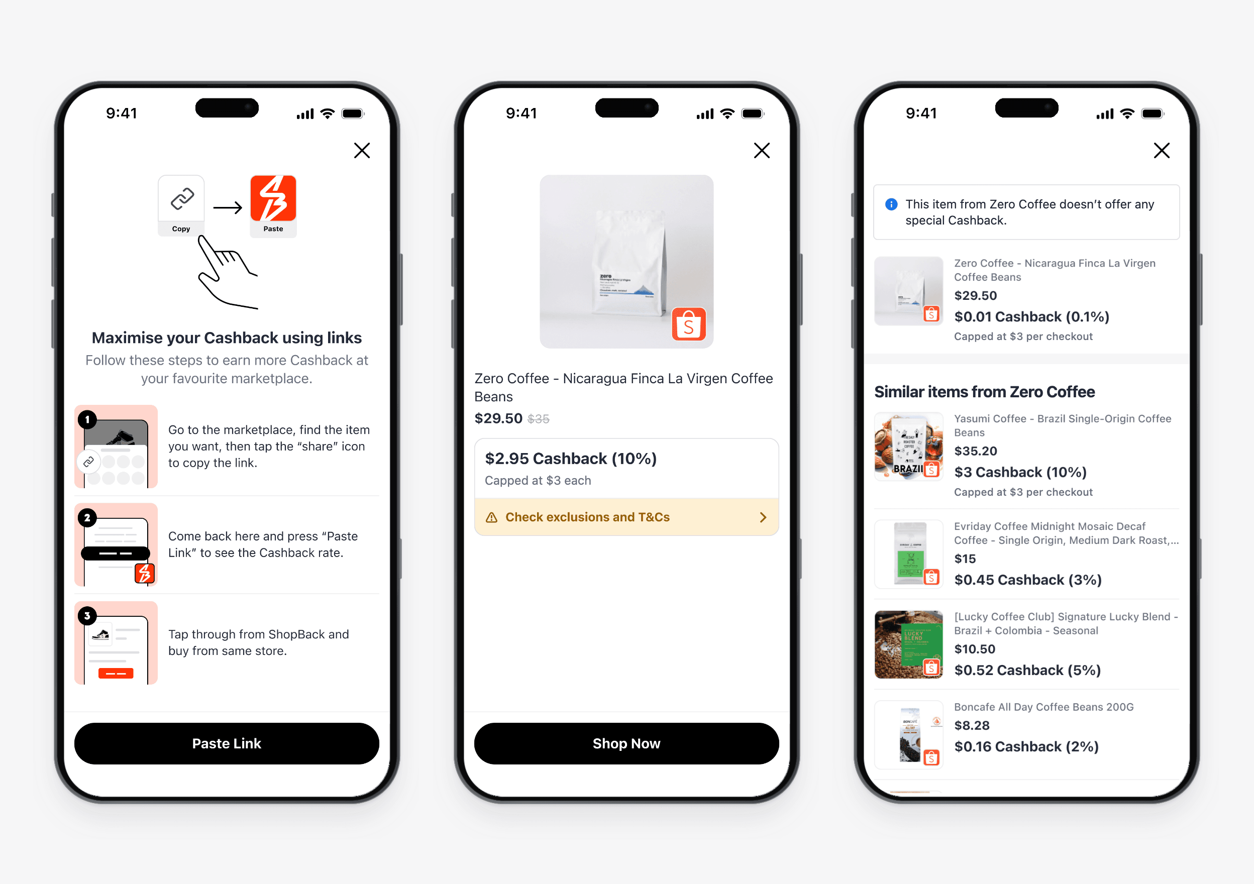 The paste flow: how to copy a link, the cashback up front, and the S$0.01 page that suggests similar products.