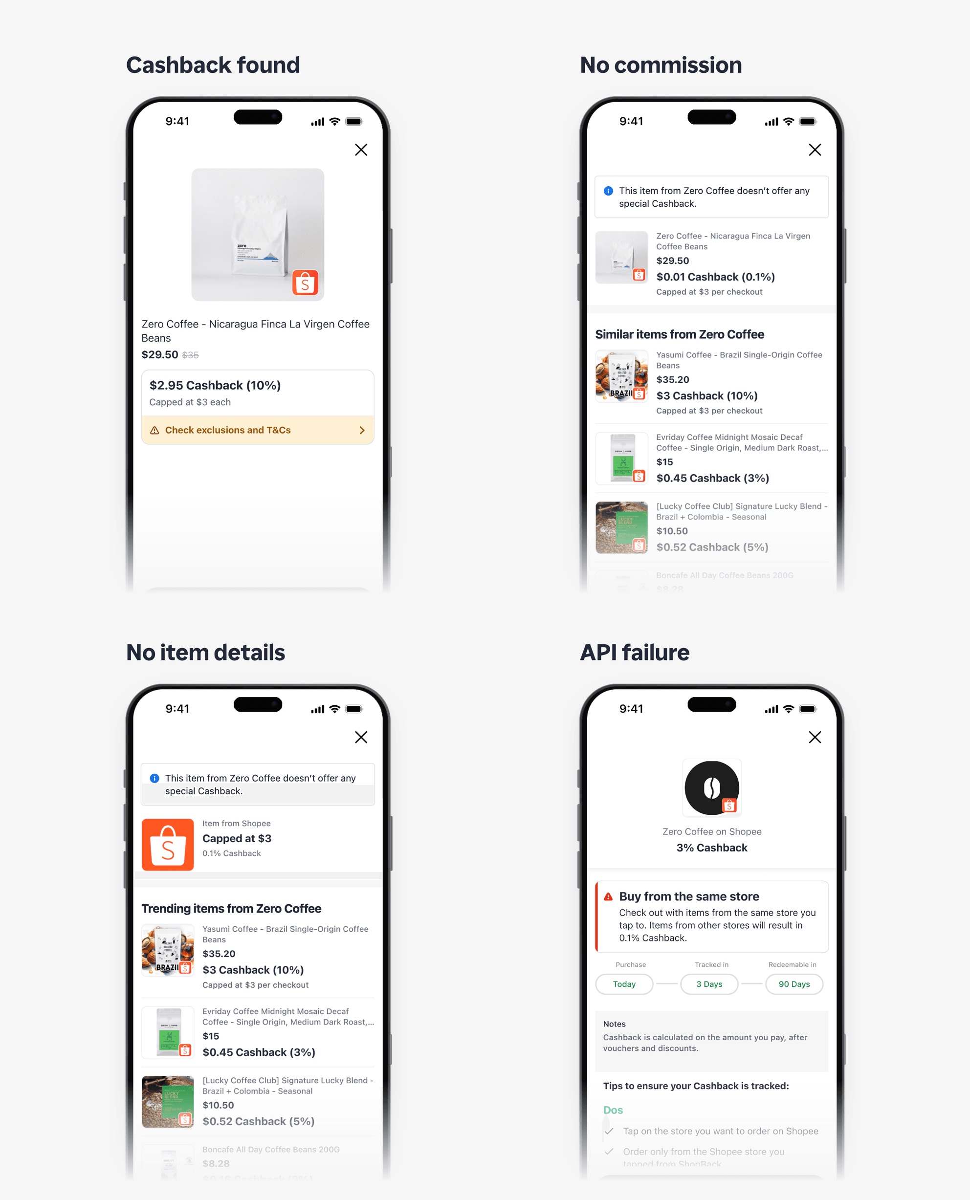 Every outcome of one paste: cashback, no commission, no item details, and a failed lookup.