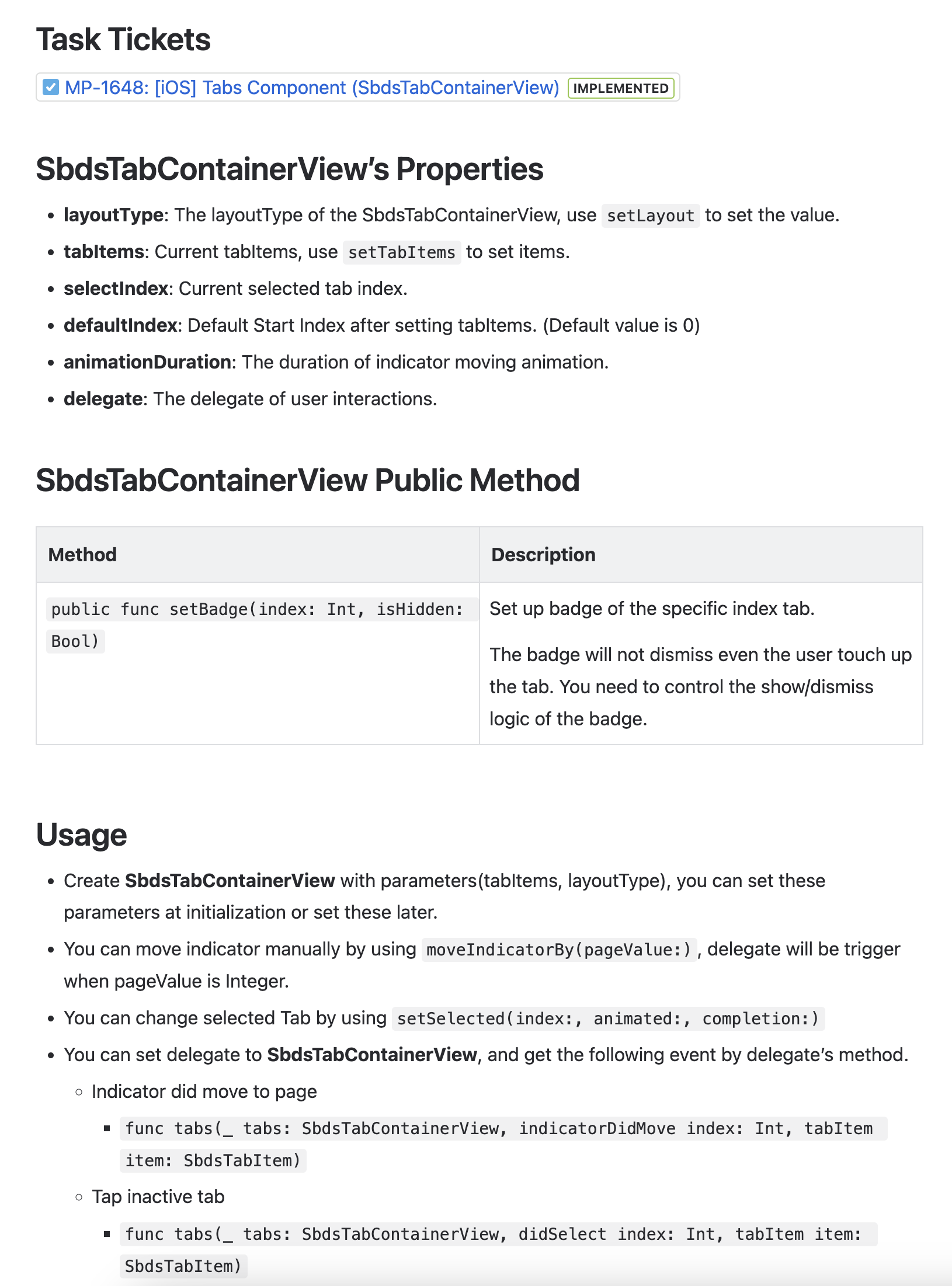 An example of a component's technical documentation