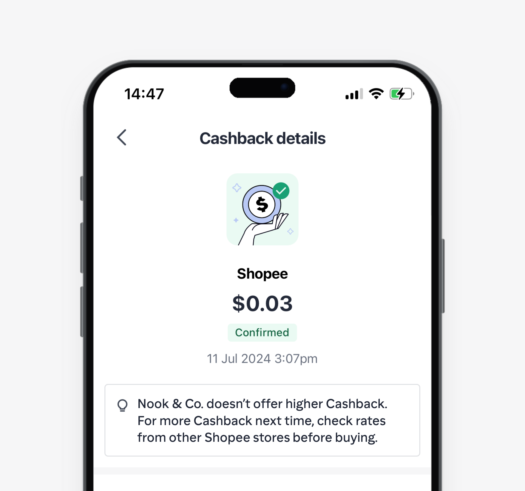 After an indirect order: the store offers no higher cashback, so the user is told to check other stores next time.